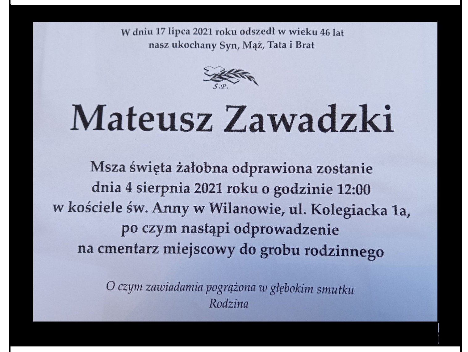 nekrolog Mateusz Zawadzki
